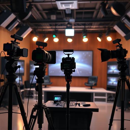 Et fuldt belyst studie klar til live streaming, med flere kameraer og et professionelt kontrolrum i baggrunden.
