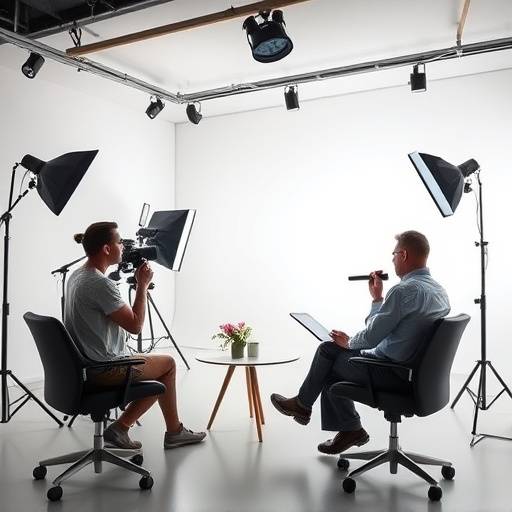 Et moderne interviewstudie med professionelt lys og lydudstyr.