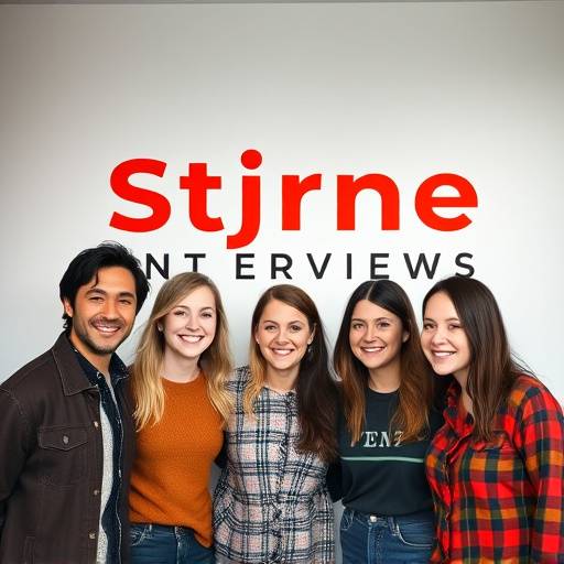 Et smilende team på fem personer foran Stjerne Interview Studios logo.
