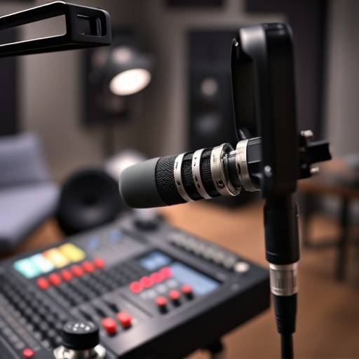 Nærbillede af et professionelt lydoptagelsesudstyr i Stjerne Interview Studios, med fokus på mikrofon og lydmixer.